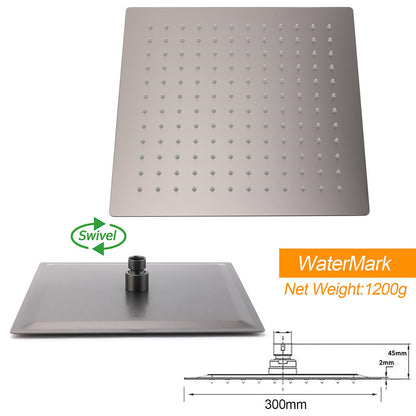Gun Metal 12" Square Large Rainfall Shower Head 400mm Straight Wall Mounted Arm Set