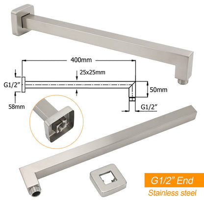 Brushed Nickel 10" Square Rainfall Shower Head + 400mm Straight Wall Mount Arm