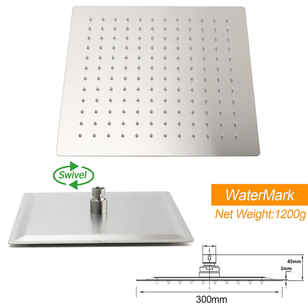 Brushed Nickel 12" Square Rainfall Shower Head + 400mm Straight Wall Mount Arm