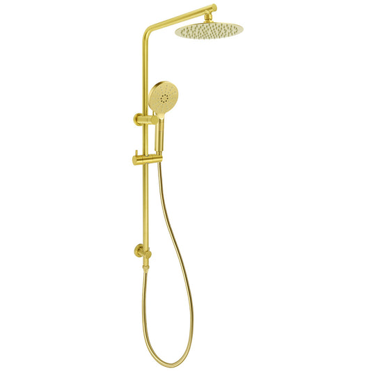 Brushed Gold Twin Shower Set Sliding Rail Arm 8" Round Head 3 Modes Handheld