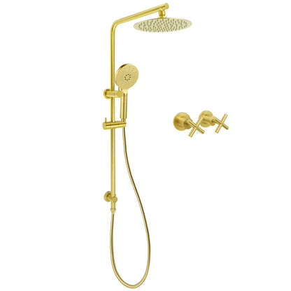 Brushed Gold Twin Shower Set 8" Round Head 3 Modes Handheld Sliding Rail Arm Classic Mixer