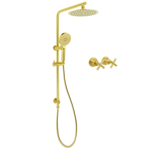 Brushed Gold Twin Shower Set 8" Round Head 3 Modes Handheld Sliding Rail Arm Classic Mixer