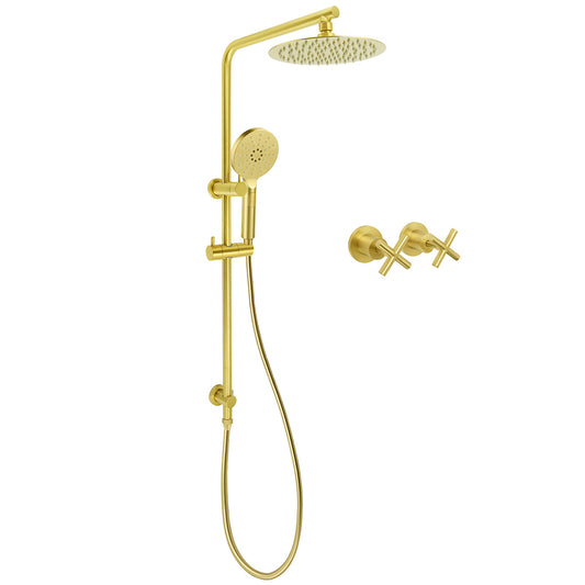 Brushed Gold Twin Shower Set 8" Round Head 3 Modes Handheld Sliding Rail Arm Classic Mixer