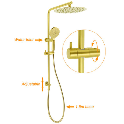 Brushed Gold Twin Shower Large Round 12" Rain Head Handheld Silde Wall Rail Arm Mixer Valve