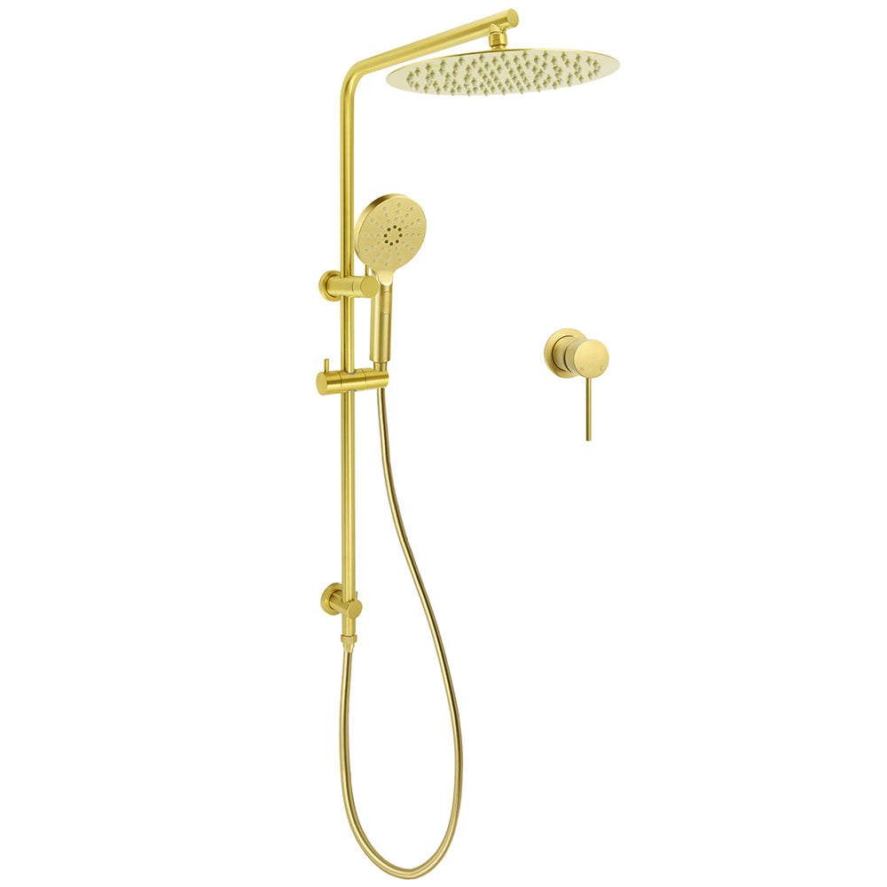 Brushed Gold Twin Shower Large Round 12" Rain Head Handheld Silde Wall Rail Arm Small Face Mixer