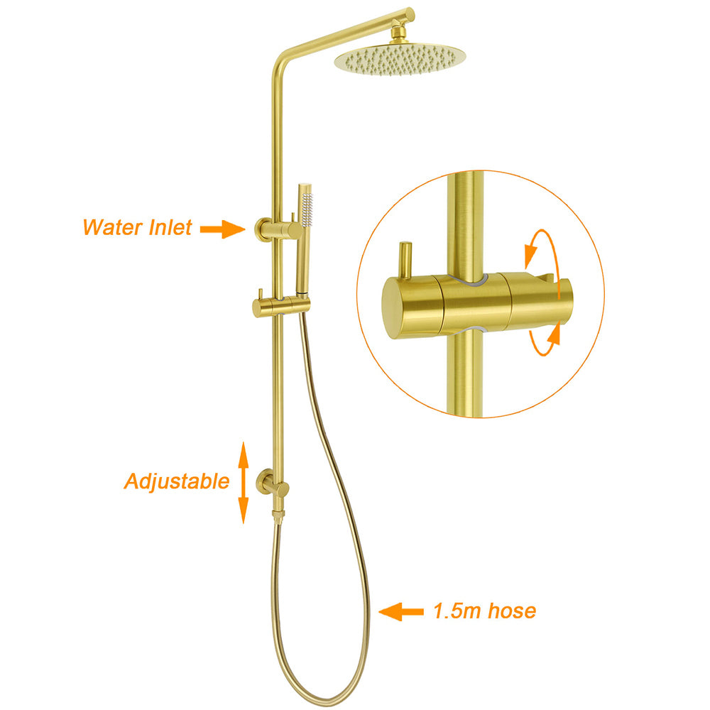 Brushed Gold Twin Shower Set Sliding Rail Arm 8" Round Head Stainless Steel Handheld Rose Combo