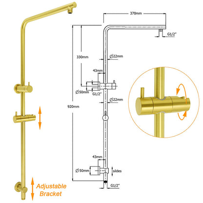 Brushed Gold Twin Shower Set Sliding Rail Arm 8" Round Head Stainless Steel Handheld Rose Combo