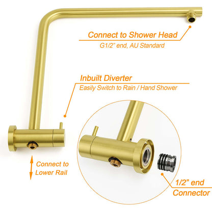 Brushed Gold Twin Shower Set Sliding Rail Arm 8" Round Head Stainless Steel Handheld Rose Combo