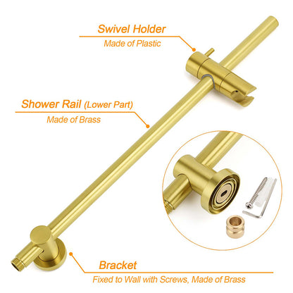 Brushed Gold Twin Shower Set Sliding Rail Arm 8" Round Head Stainless Steel Handheld Rose Combo