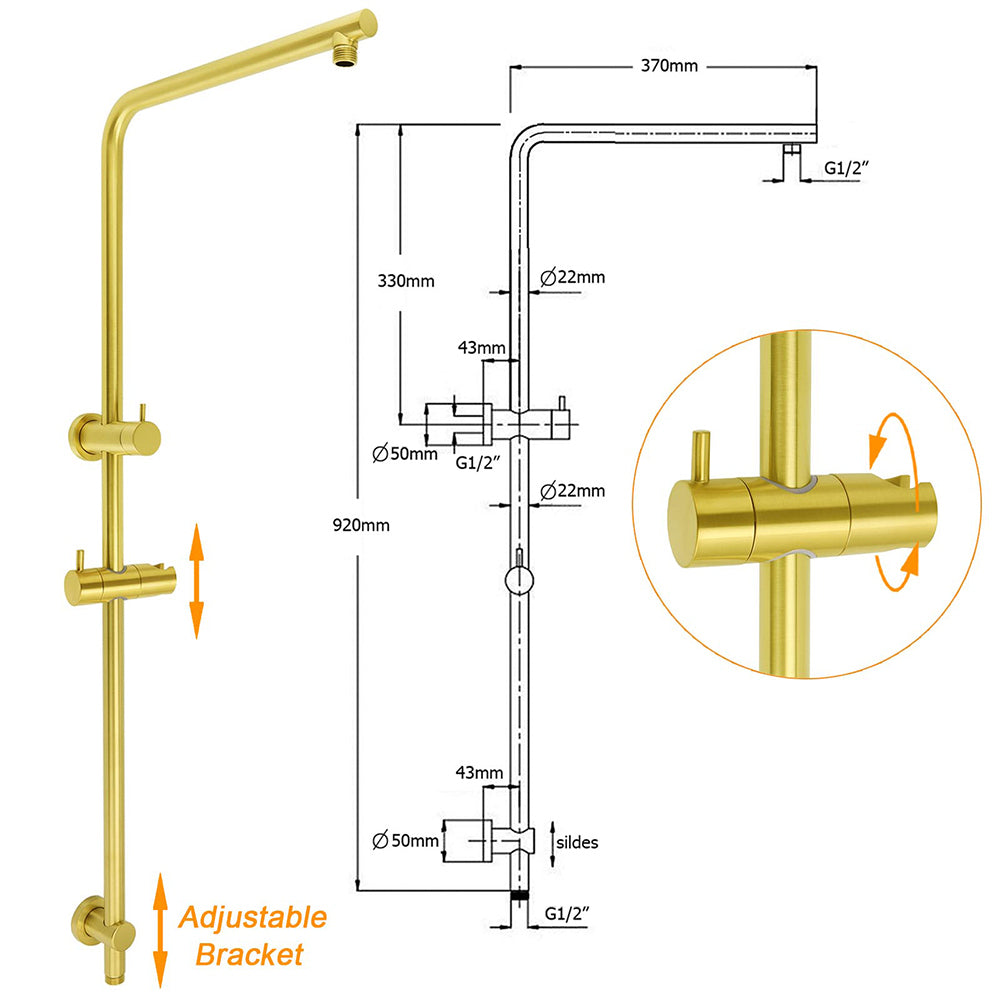 Brushed Gold Twin Shower Set 8" Round Head Single Mode Metal Handheld Sliding Rail Arm Mixer Valve