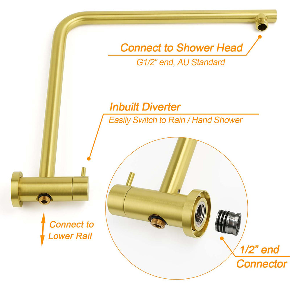 Brushed Gold Twin Shower Set 8" Round Head One Mode Handheld Sliding Rail Arm Classic Mixer
