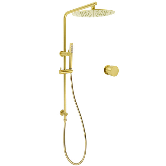 Brushed Gold Twin Shower Large Round 12" Rain Head Metal Rose Silde Wall Rail Arm Mixer Valve