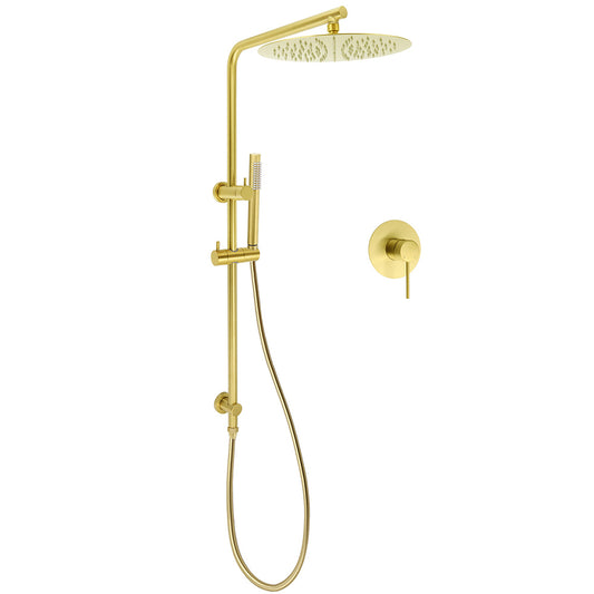 WELS Brushed Gold Twin Shower Large Round 12" Rain Head Handheld Rose Silde Wall Rail Arm Mixer
