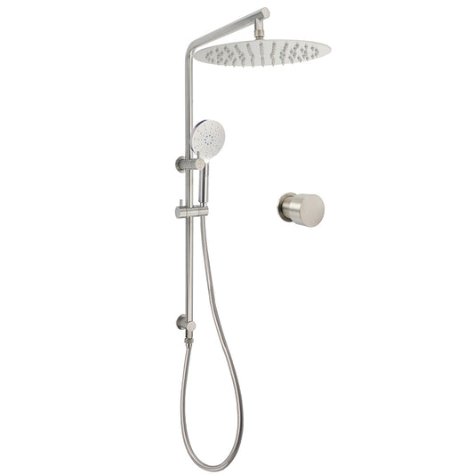 Brushed Nickel Dual Shower Set Sliding Rail Arm 12" Round Head Handheld Wall Mixer Valve