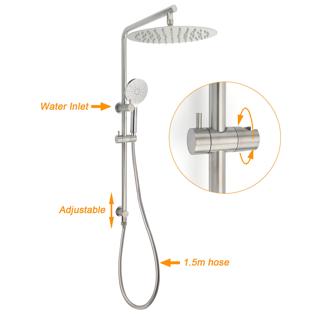 Brushed Nickel Dual Shower Set Sliding Rail Arm 12" Round Head Handheld Wall Mixer Valve
