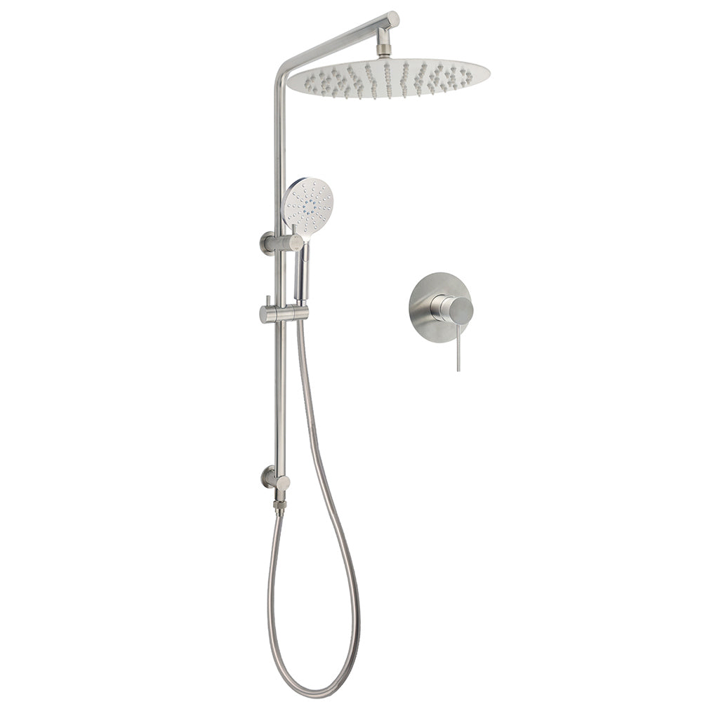 WELS Brushed Nickel Dual Shower Set Sliding Rail Arm 12" Round Head Handheld Wall Mixer