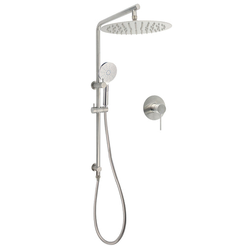 WELS Brushed Nickel Dual Shower Set Sliding Rail Arm 12" Round Head Handheld Wall Mixer