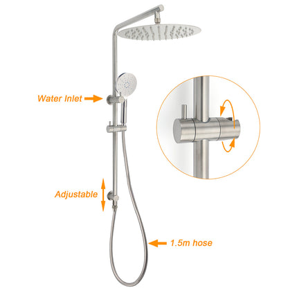 WELS Brushed Nickel Dual Shower Set Sliding Rail Arm 12" Round Head Handheld Wall Mixer