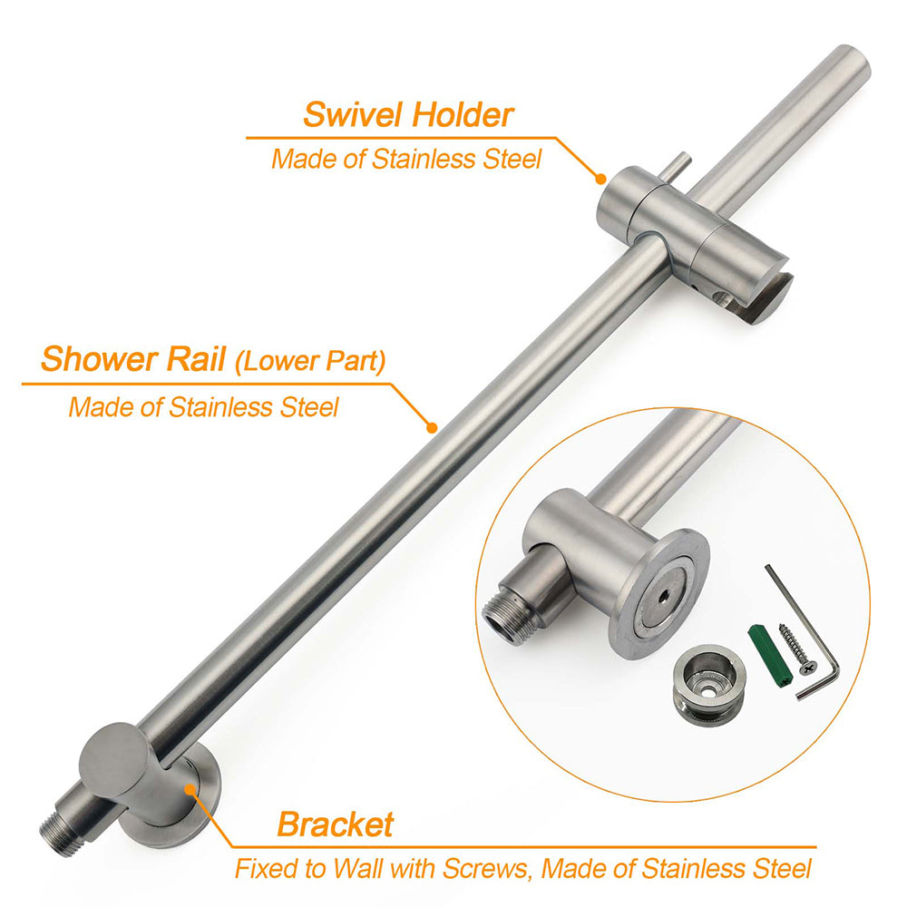 WELS Brushed Nickel Dual Shower Set Sliding Rail Arm 12" Round Head Handheld Wall Mixer