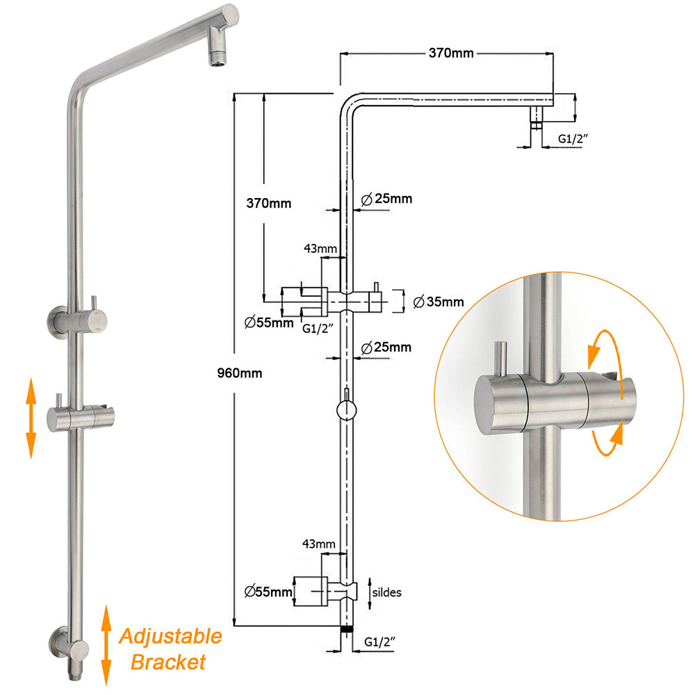 WELS Brushed Nickel 2in1 Shower Set Sliding Rail Arm 12" Round Head Handheld Small Face Mixer