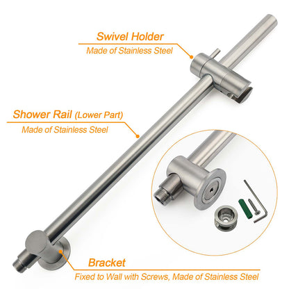 WELS Brushed Nickel 2in1 Shower Set Sliding Rail Arm 12" Round Head Handheld Small Face Mixer