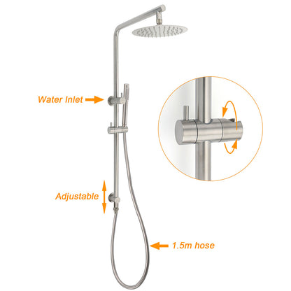 WELS Brushed Nickel 2in1 Shower Set Sliding Rail Arm 8" Round Head Stainless Steel Handheld Rose