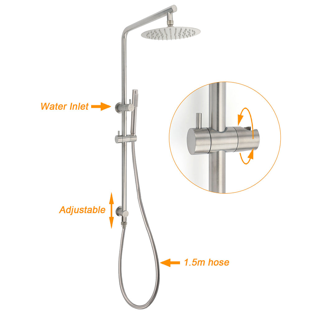 Brushed Nickel 2in1 Shower Set Sliding Rail Arm 8" Round Head Stainless Steel Handheld Twin Taps Valve
