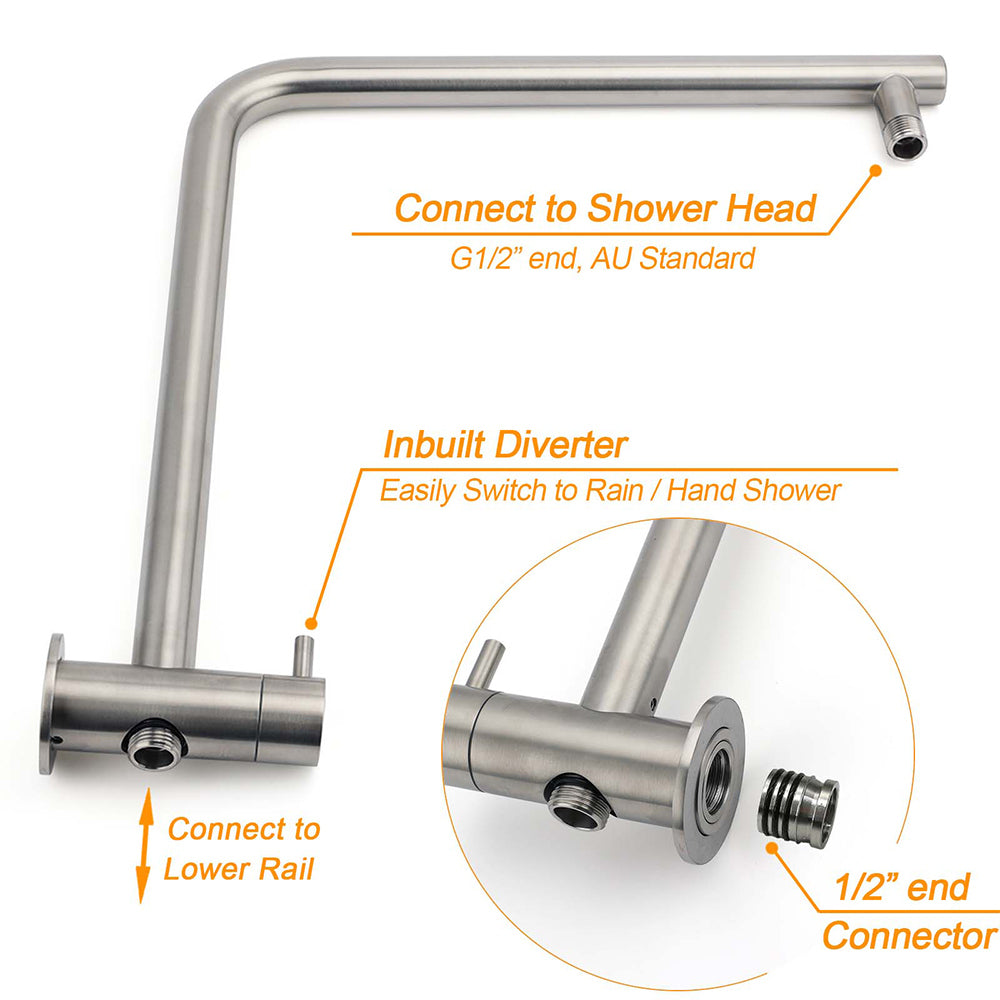 WELS Brushed Nickel 2in1 Shower Set Sliding Rail Arm 8" Round Head Metal Handheld Small Face Mixer