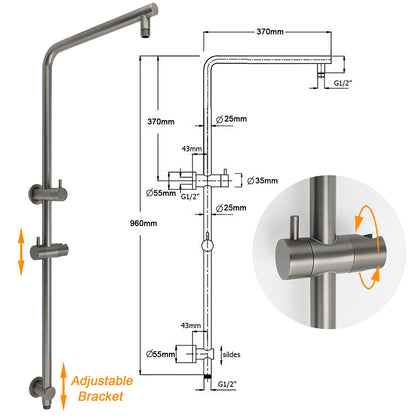 WELS Gun Metal Round 10" 2in1 Shower Head 3 Modes Handheld Slide Rail Arm Twin Taps