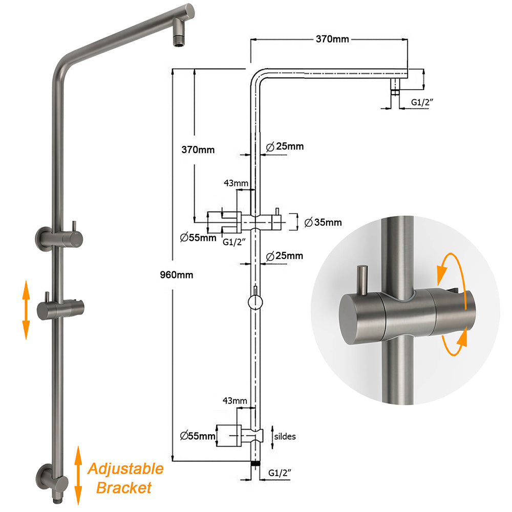 WELS Gun Metal Round 10" Twin Shower Head 3 Modes Handheld Slide Rail Hot Cold Taps Set