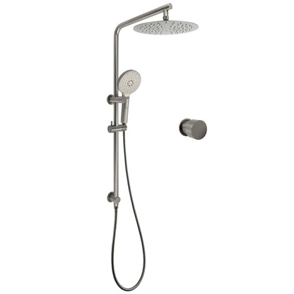 WELS Gun Metal Round 10" Twin Shower Head 3 Modes Handheld Slide Rail Arm Diverter Mixer Set