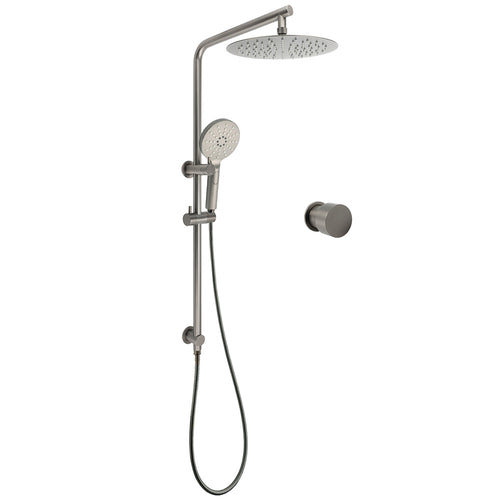 WELS Gun Metal Round 10" Twin Shower Head 3 Modes Handheld Slide Rail Arm Diverter Mixer Set
