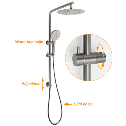 WELS Gun Metal Round 10" Twin Shower Head 3 Modes Handheld Slide Rail Arm Diverter Mixer Set