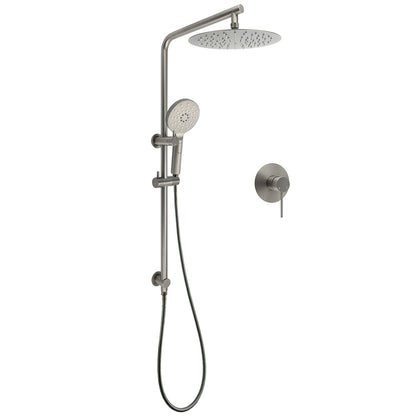 WELS Gun Metal Round 10" Twin Shower Head 3 Modes Handheld Slide Rail Diverter Mixer