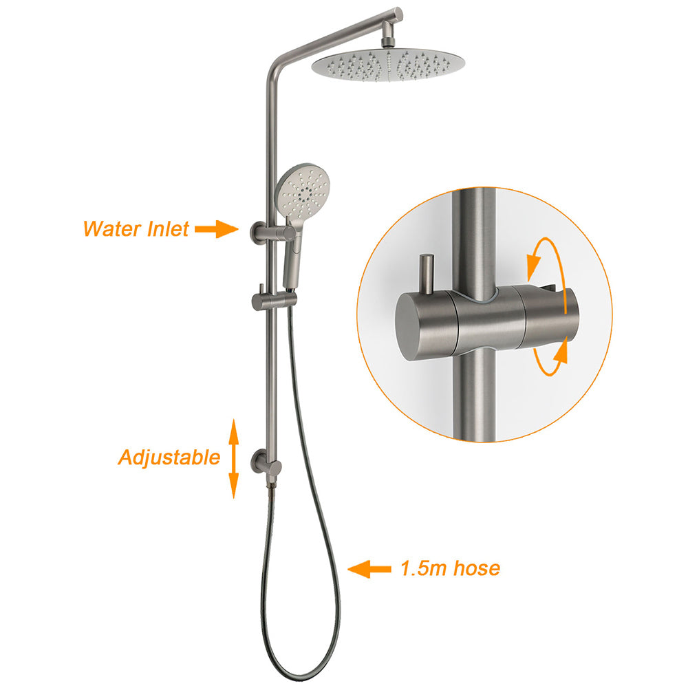 WELS Gun Metal Round 10" Twin Shower Head 3 Modes Handheld Slide Rail Diverter Mixer