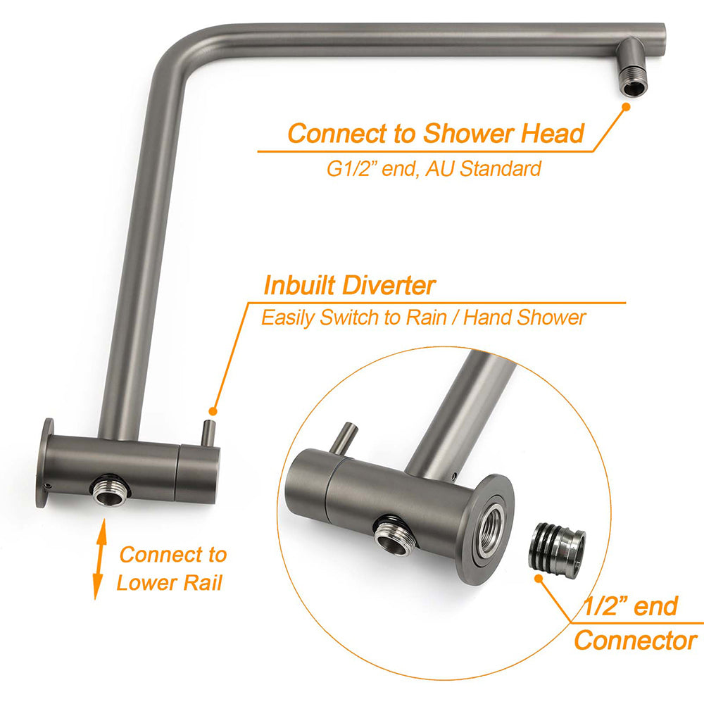 WELS Gun Metal Round 10" Twin Shower Head 3 Modes Handheld Slide Rail Diverter Mixer