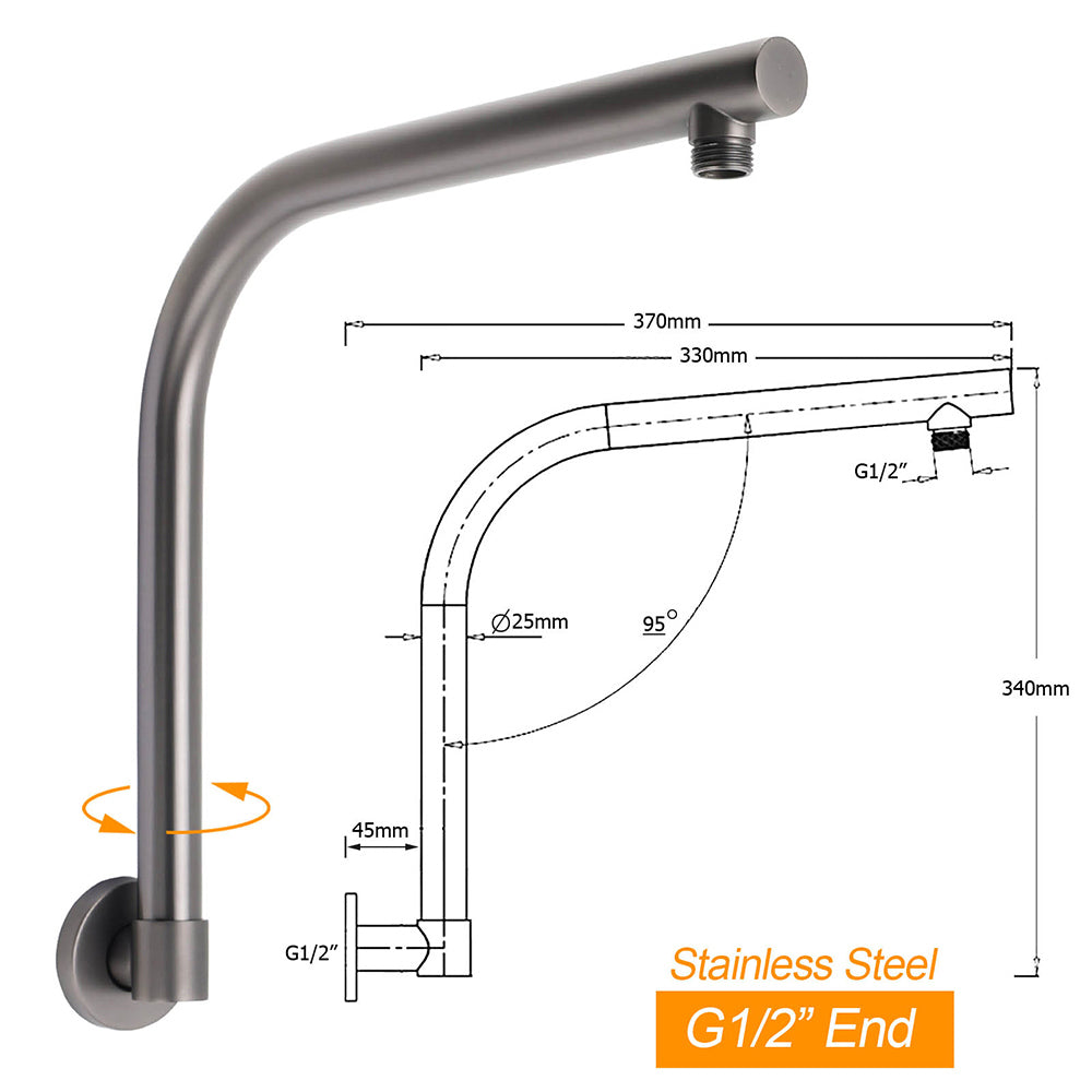 Gun Metal Round 8" Rainfall Shower Head + High Rise Gooseneck Wall Arm Bath Set