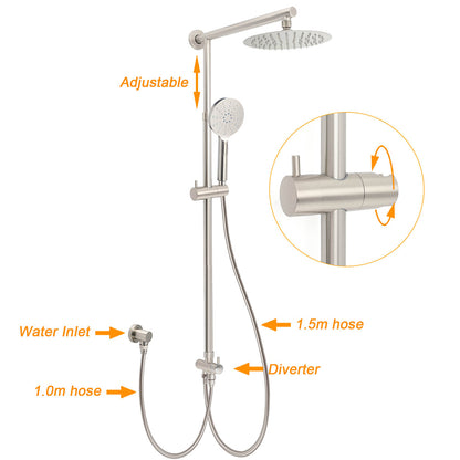 Brushed Nickel 2in1 Round 8" Stainless Steel Rain Head Shower Handheld Sliding Rail Arm Set