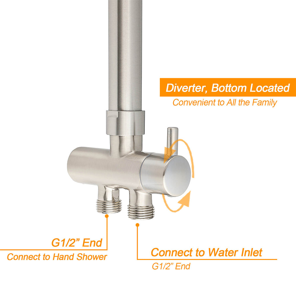 Brushed Nickel Round 8" SUS Rain Head Shower Handheld Sliding Rail Arm Chrome Set + Twin Taps