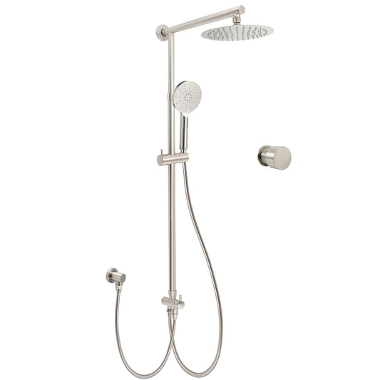 Brushed Nickel 8" Thin Rain Head Twin Shower Handheld Sliding Rail Arm Set With Mixer