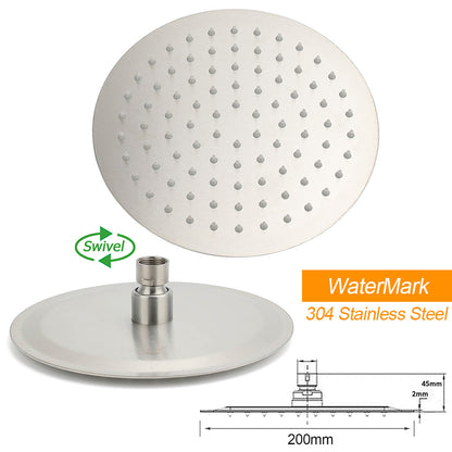 Brushed Nickel 8" Thin Rain Head Twin Shower Handheld Sliding Rail Arm Set With Mixer