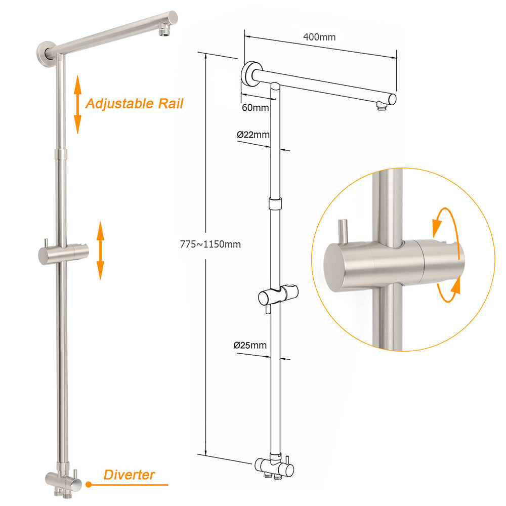 Brushed Nickel Round 8" Rain Head Shower Handheld Sliding Rail Arm Mixer 2in1 Set