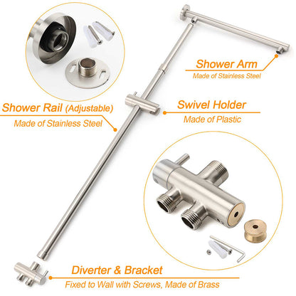 Brushed Nickel Round 8" Rain Head Shower Handheld Sliding Rail Arm Mixer 2in1 Set