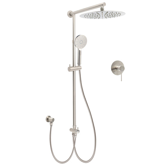 Brushed Nickel Round 12" Rainfall Head Shower Handheld Sliding Rail Arm Mixer 2in1 Set