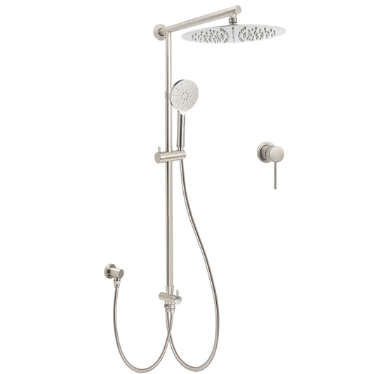 Brushed Nickel Round 12" Rainfall Head Shower Handheld Sliding Rail Small Face Mixer 2in1 Set