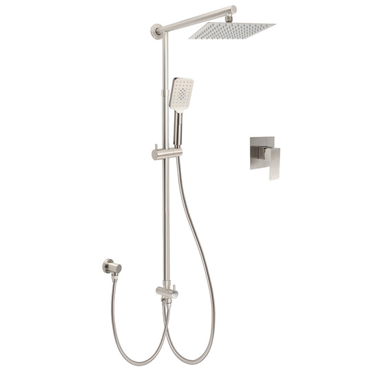Brushed Nickel 8" Rain Head Shower Square 3 Modes Handheld Sliding Rail Arm Mixer Dual Set