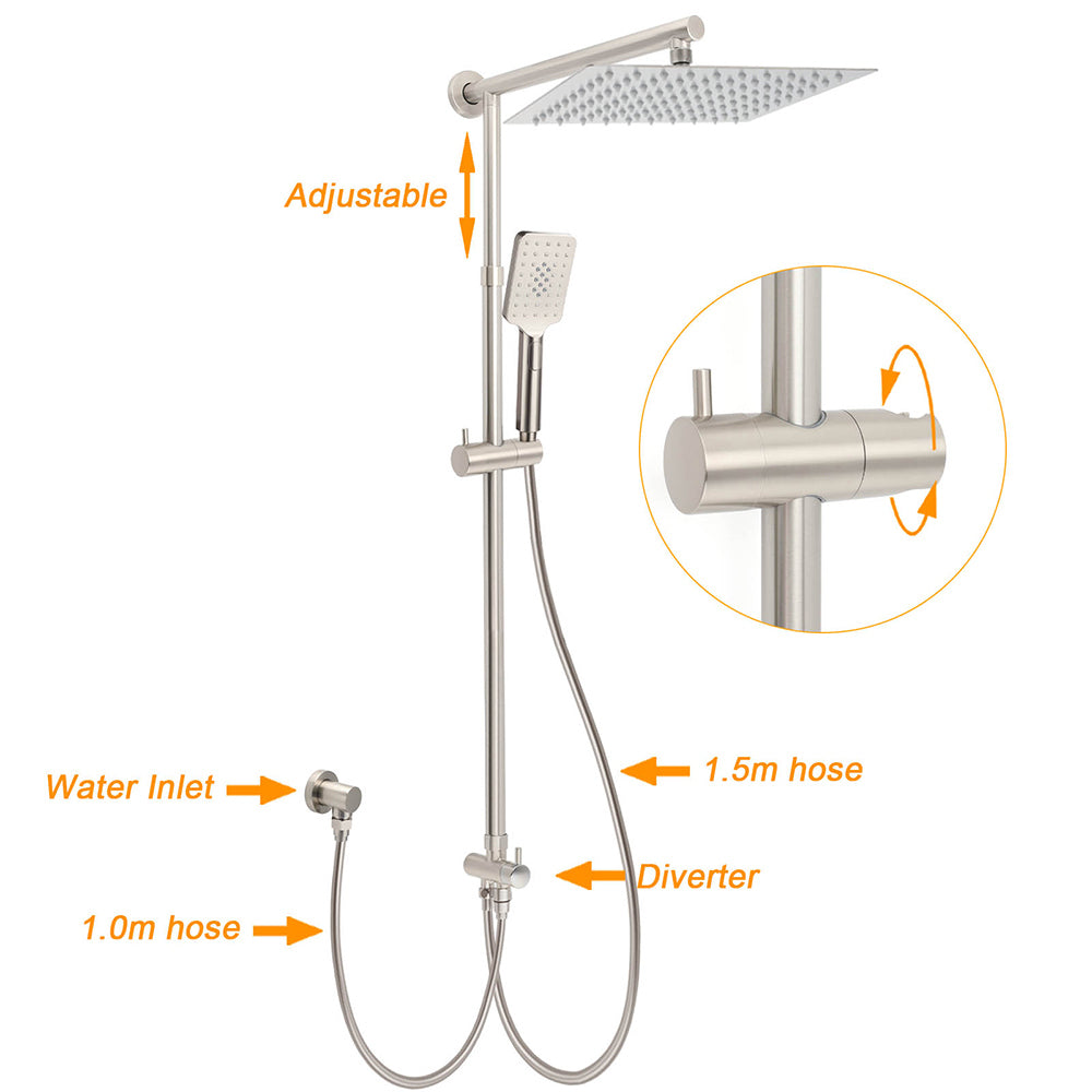 WELS Brushed Nickel 12" Rain Head Shower Square 3 Modes Handheld Sliding Rail Arm Mixer Dual Set