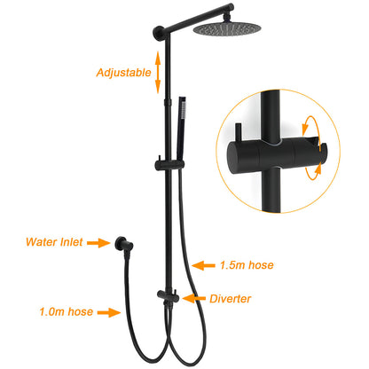 WELS Matt Black 2in1 Shower 8" Round Head Set 1 Mode Handheld Rose Sliding Rail Elbow Inlet