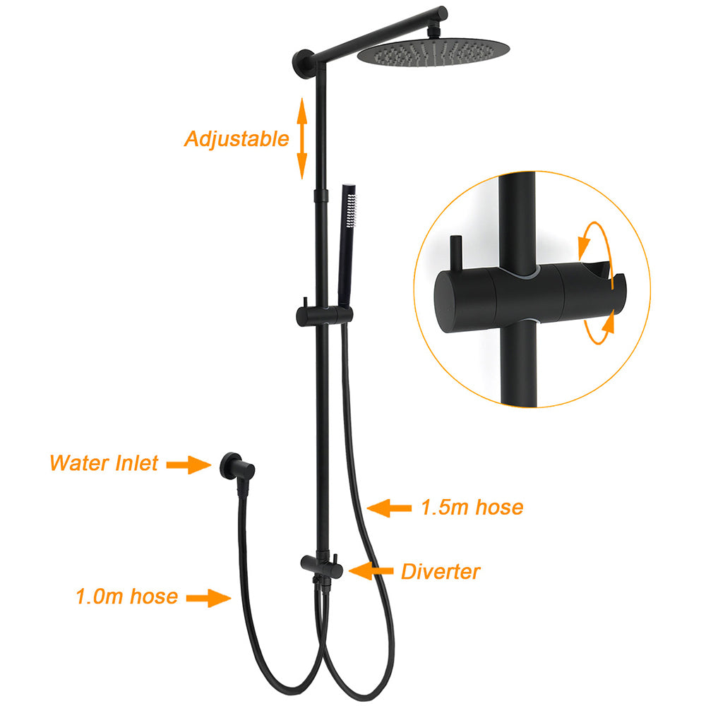 Matt Black Dual Round Shower Set 10" Rain Head Metal Handheld Sliding Rail Arm Diverter
