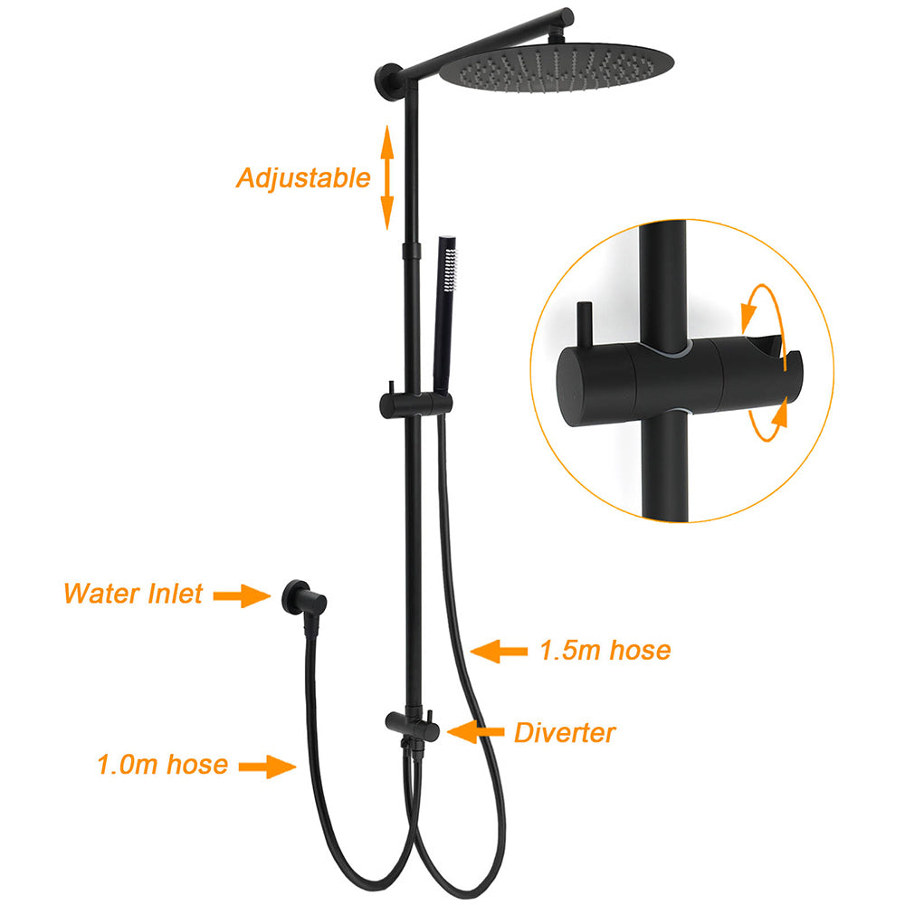 Matte Black Large 12" Round Shower Head Twin Set Stainless Steel Handheld Diverter Wall Rail Arm